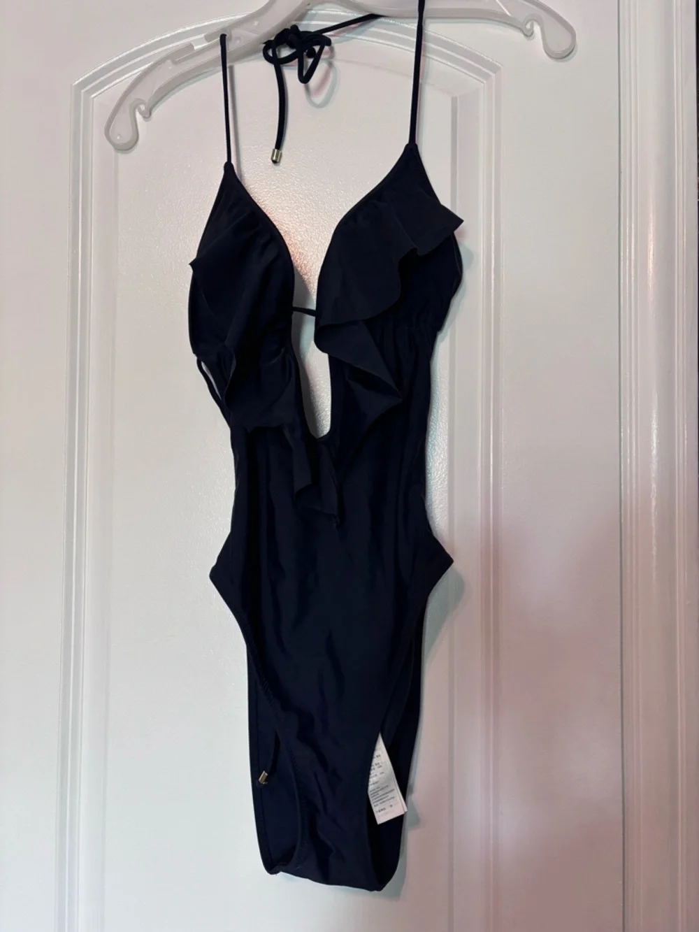 Abercrombie & Fitch Navy Ruffle One Piece Swimsuit Plunge Halter Chic Size Small - Picture 4 of 9